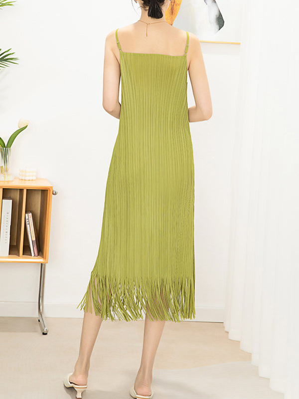 Loose Sleeveless Pleated Color Tasseled Spaghetti-neck Midi Dresses