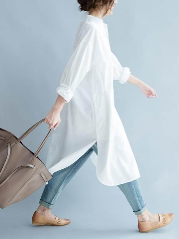 High-low Long Sleeves Buttoned Color Split-side Lapel Midi Dresses Shirt Dress