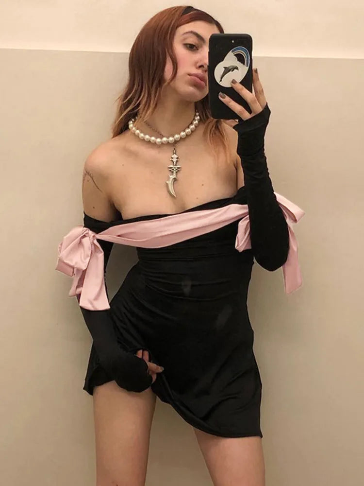 Julissa Mo Autumn Strapless Long Sleeve Bow Mini Dress for Slim A-line Outfits Patchowrk Dress New