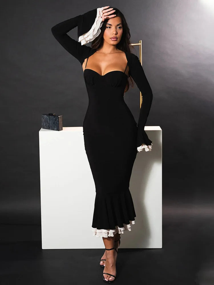 Long Flared Sleeve Elastic Tight Two-piece Set Autumn/winter New Party Club Evening Dress