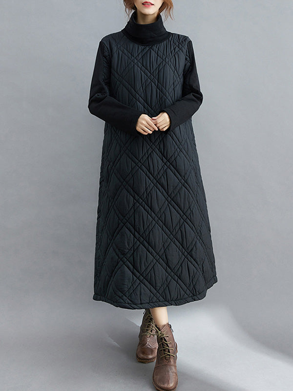 Simple Split-joint High-neck H-line Quilted Midi Dress