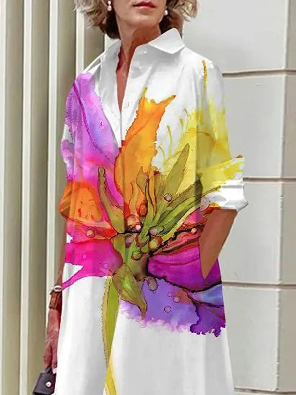 Long Sleeves Loose Printed Split-joint Lapel Midi Dresses Shirt Dress