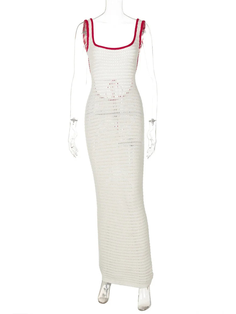 Knit Contrast Backless Long Dress Female Lace-up Slim Patchwork Beach Holiday High Waist Dress ’s Knitwear Maxi Dress