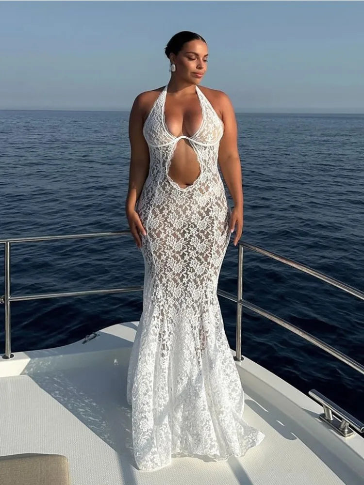 Hollow Out Lace Long Dress for See-through Sleeveless Backless Printed Party Dress Summer Maxi Dress