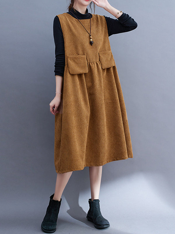 Artistic Retro Loose Sleeveless Color Round-neck Midi Dresses