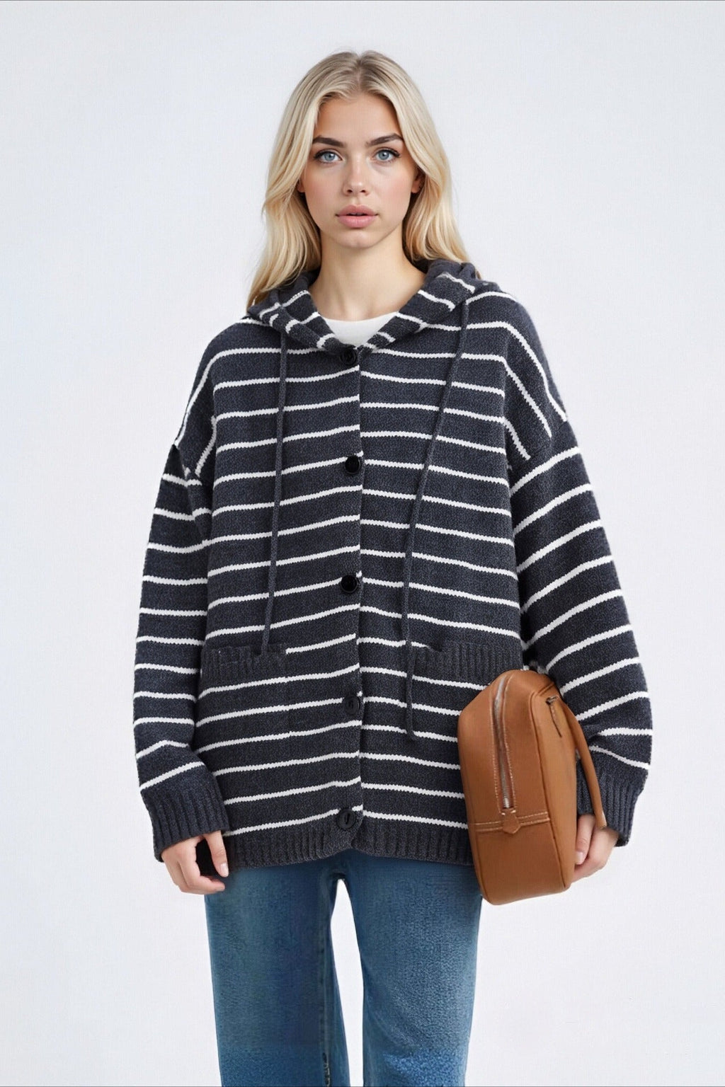 Stripe Hooded Retro Drawstring Pocket Knit Cardigan