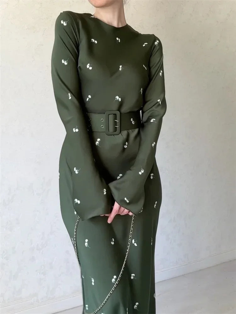 High Waist Long Dress Long Sleeve Slim Ruffled Patchwork Party Dress Printed Maxi Dress