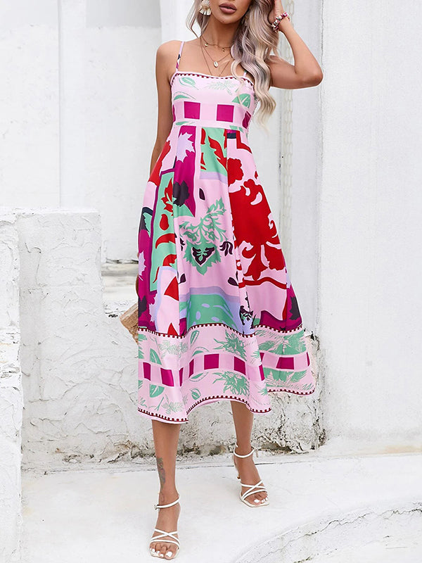 High Waisted Sleeveless Pleated Printed Split-joint Collarless Midi Dresses Slip Dress