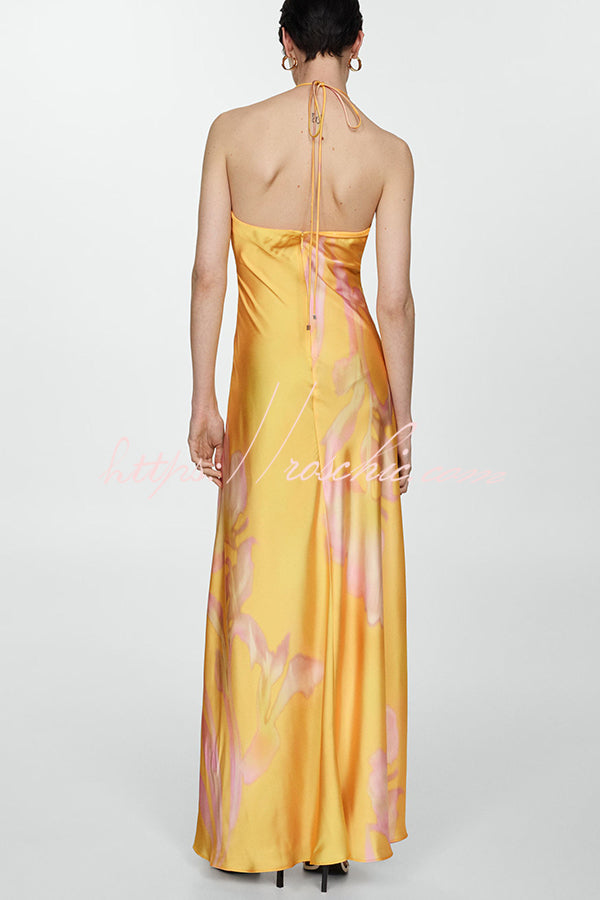 Catalina Island Satin Print Twist Bust Halter Maxi Dress