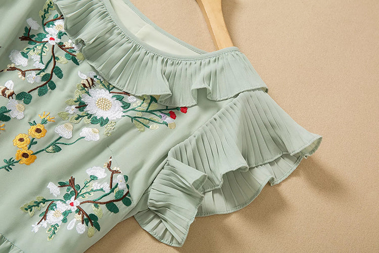 Palm Flying Ruffled Sleeve Pleated Hem Midi Dress