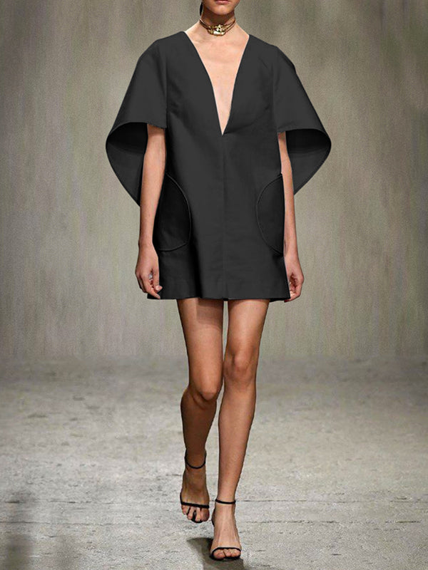 Half Sleeves Loose Color Deep V-neck Mini Dresses