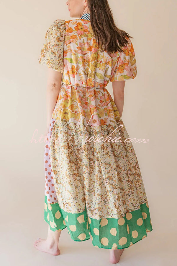 Linen Blend Unique Print Lapel Puff Sleeve Midi Dress