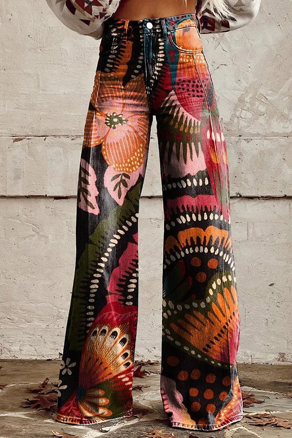 Unique Print Button Pocket Wide Leg Pants