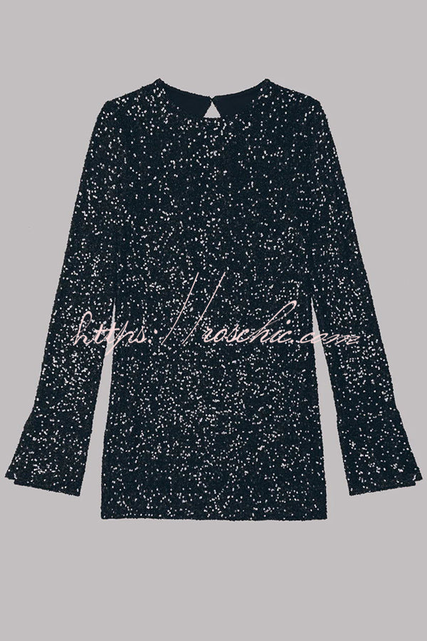 Flash Focus Sequin Extra Long Slit Sleeves Open Back Mini Dress