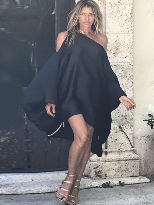 Stylish Loose High-low Batwing Sleeves Black Midi Dress