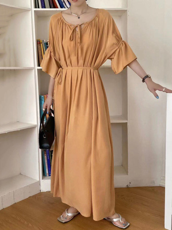 Half Sleeves Loose Color Round-neck Midi Dresses