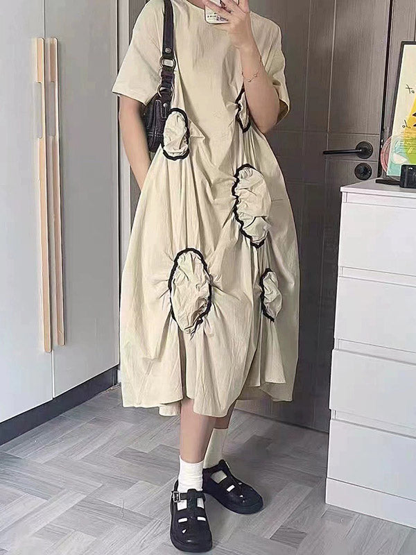 High-low Loose Pleated Round-neck Midi Dresses