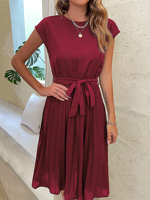 A-line Loose Pleated Color Tied Waist Round-neck Midi Dresses