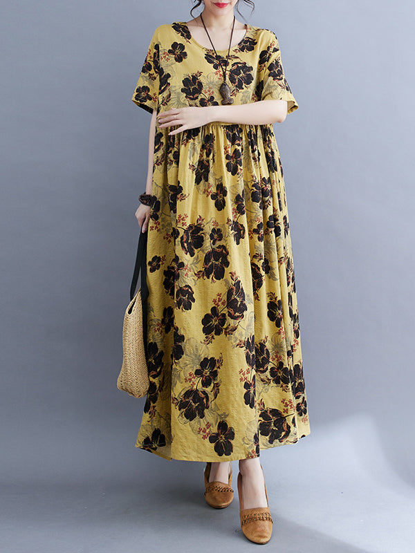 Loose Short Sleeves Pleated Printed Split-joint Round-neck Midi Dresses