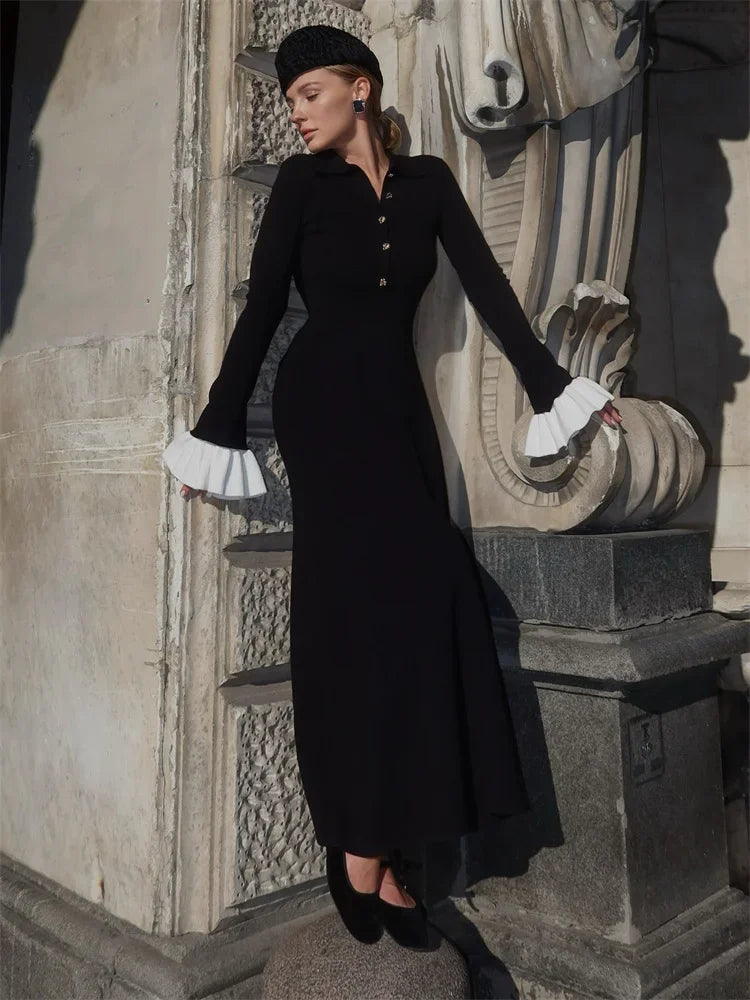 Female Ruffled Knitwear Long Dress Patchwork Slim Contrast Lapel Party Dress Gown ’s Knit Maxi Dress