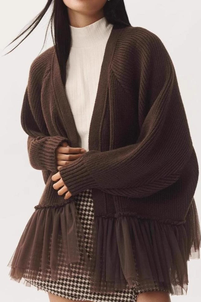 Ruffled Tulle Knit Long-sleeve Cardigan