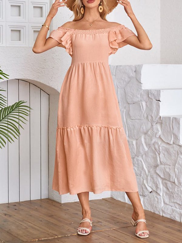 A-line Loose Elasticity Pleated Ruffled Color Split-joint Off-the-shoulder Midi Dresses