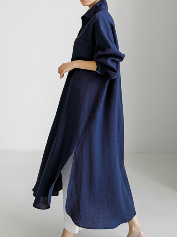 Simple Long Sleeves Split-side Color Lapel Midi Dresses Shirt Dress