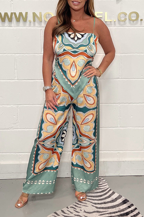 Print Suspenders Open Back Tie Top + Straight Pants Set