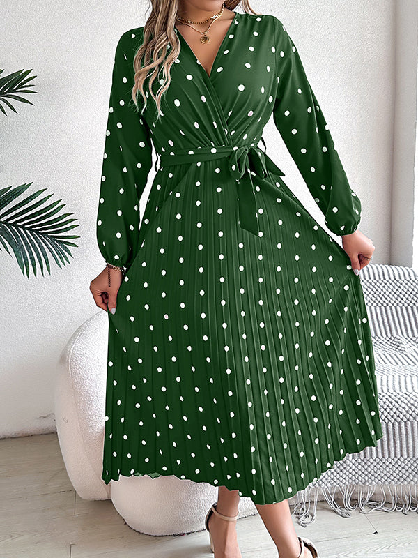 A-line High Waisted Elasticity Pleated Polka-dot Split-joint Tied Waist V-neck Midi Dresses Shirt Dress