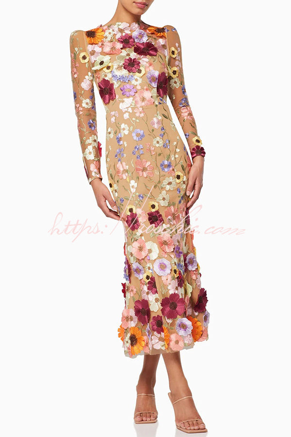 Dignified and Refined Charm Embroidered Applique Long Sleeve Fish Tail Midi Dress