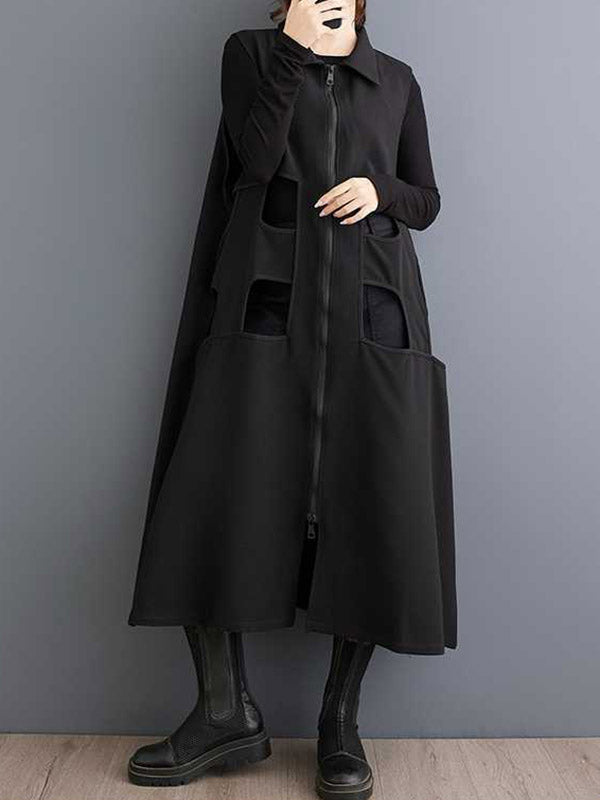 Loose Sleeveless Hollow Color Zipper Lapel Midi Dresses