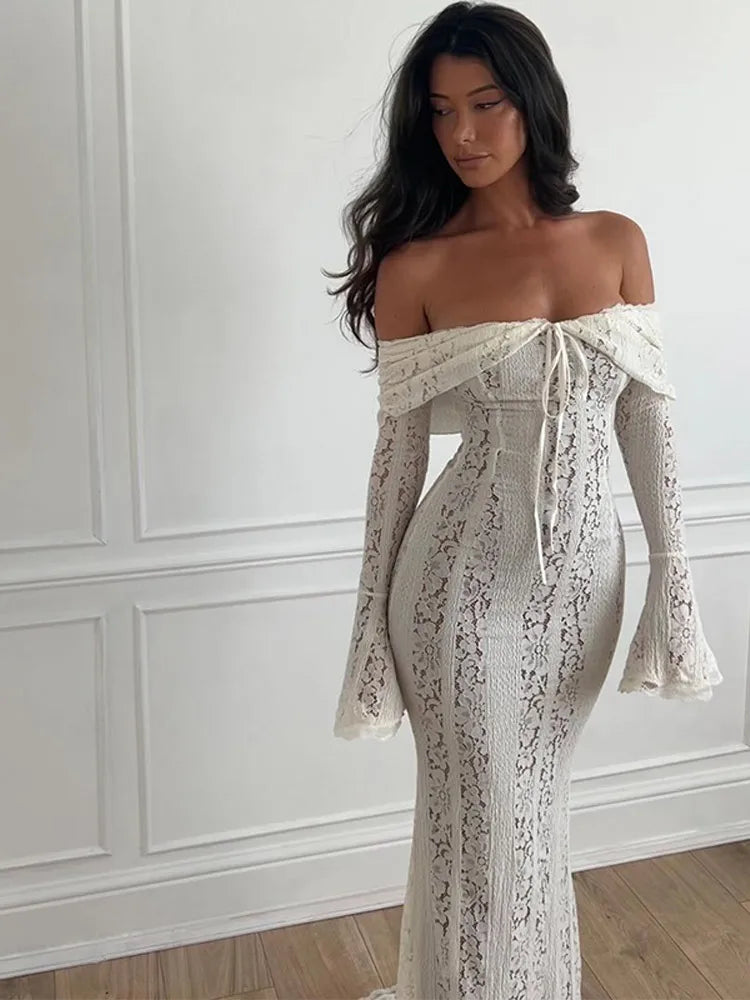 Off Shoulder Lace Maxi Dress Hollow Out Long Flare Sleeve Slim Dresses New Female Evening Party Gowns