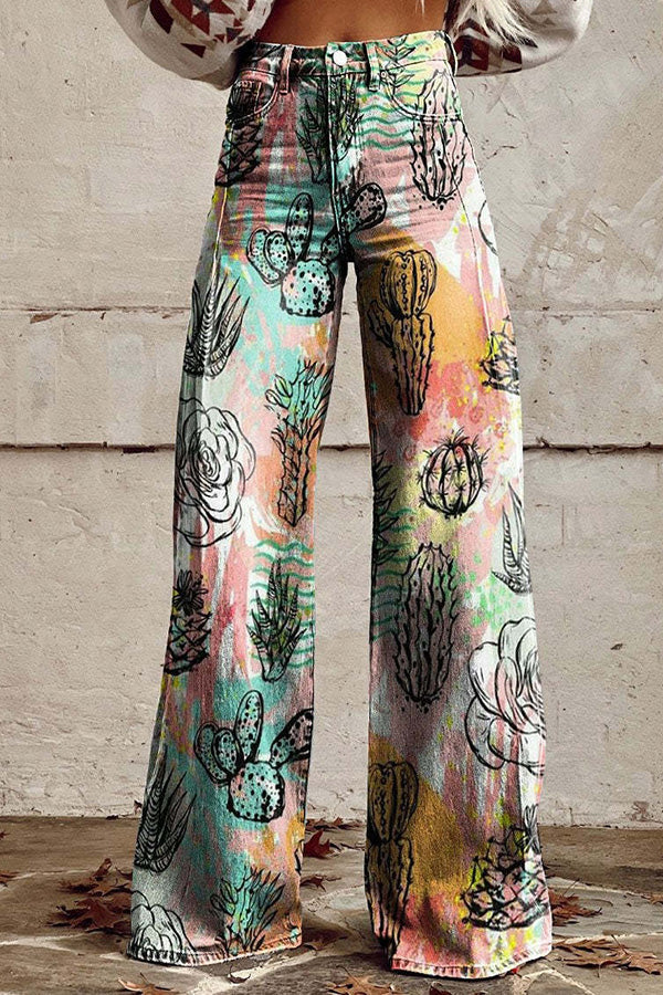 Unique Print Button Pocket Wide Leg Pants