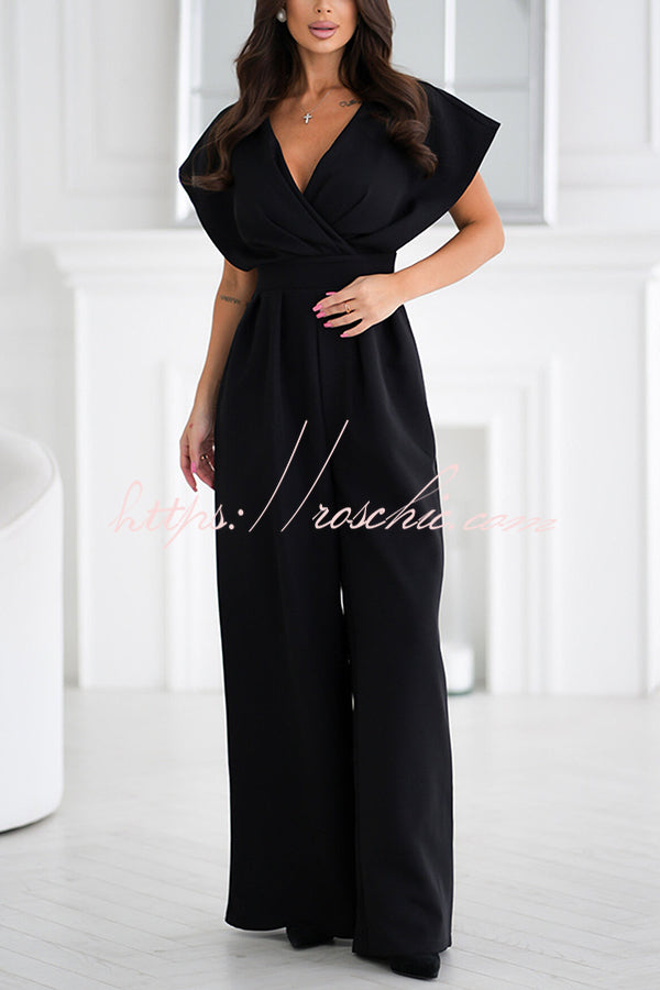 Color V-neck Waist Wide-leg Jumpsuit