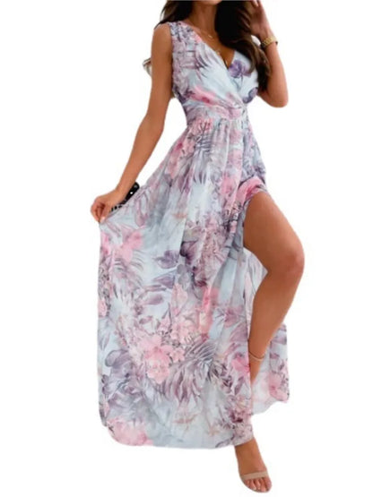 Chiffon Flower Print Sleeveless Long Dresses V-neck Backless Leace-up Slit Dress Temperament Summer Maxi Vestidos Female