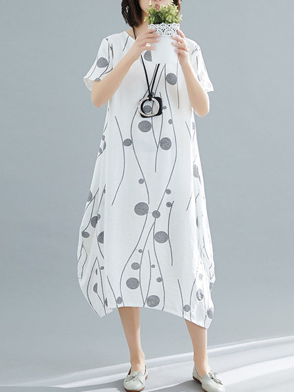 Loose Short Sleeves Printed Round-neck Midi Dresses