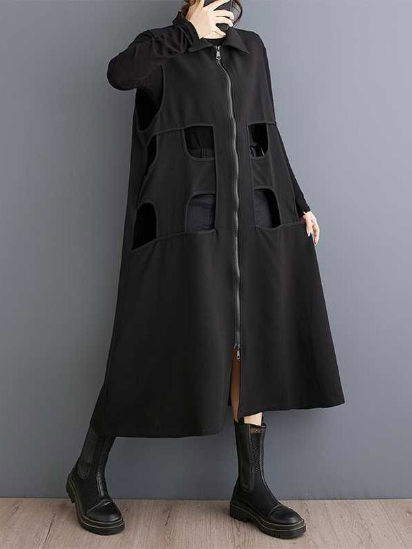 Loose Sleeveless Hollow Color Zipper Lapel Midi Dresses
