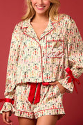 Christmas Print Lace-up Cuff Top and Elastic Waistband Pocket Shorts Set