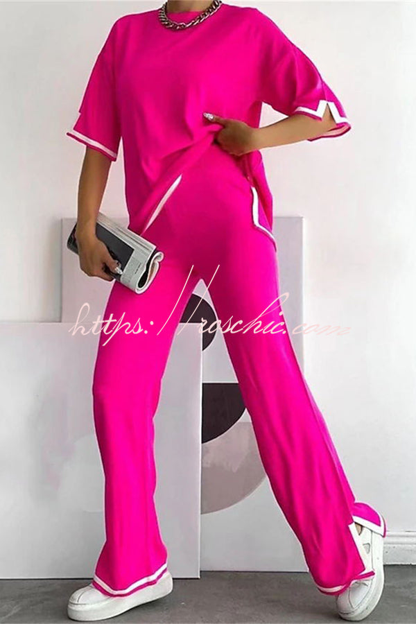 Lounge or Wear Knit Patchwork Color Block Short Sleeve Top and Elastic Wide Leg Pants