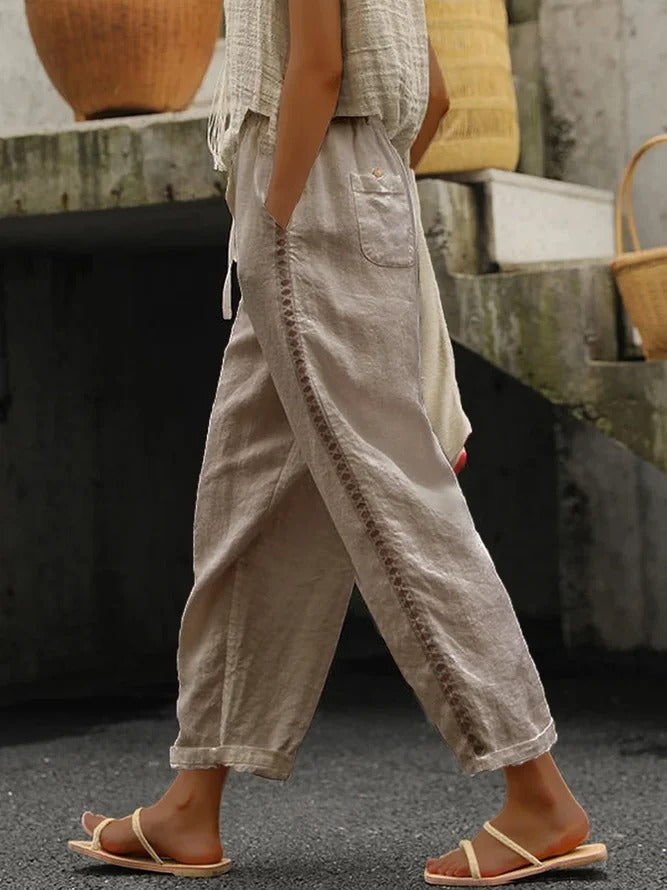 Loose Hollow Out Lace Pockets Drawstring Waist Plain Linen Pants