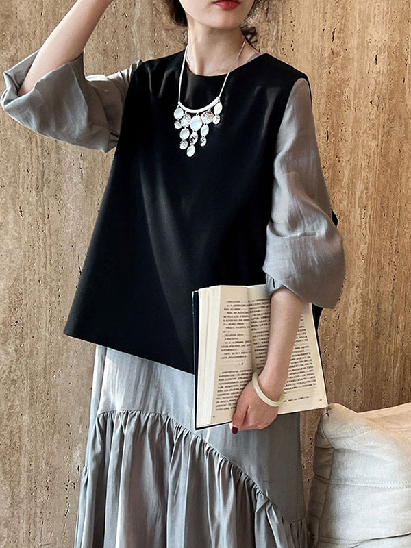 High Waisted Long Sleeves Elasticity Pleated Color Split-joint Zipper V-neck Midi Dresses