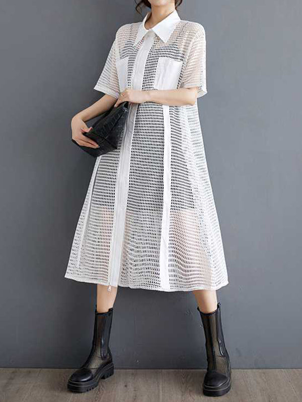 Half Sleeves Loose Hollow Color Split-joint Zipper Lapel Midi Dresses Shirt Dress