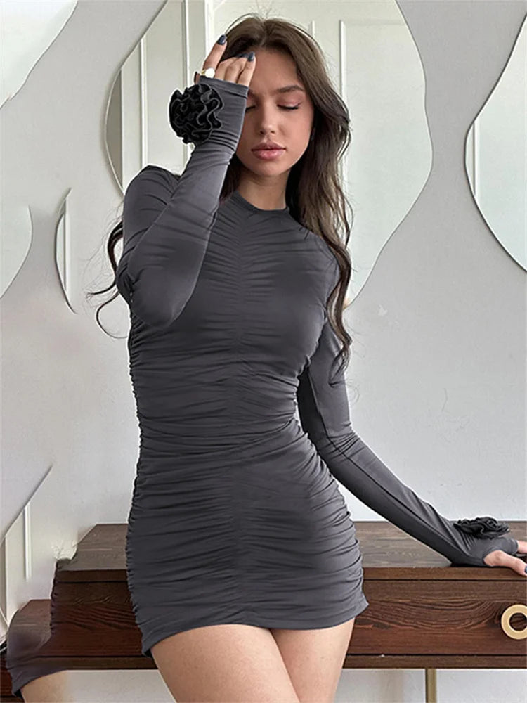 Slim Pleated Mini Dress ’s Long Sleeve High Waist Y2k Dress Female Autumn Clothes Mini Dress