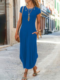 A-line Loose Pockets Color Split-joint Round-neck Midi Dresses