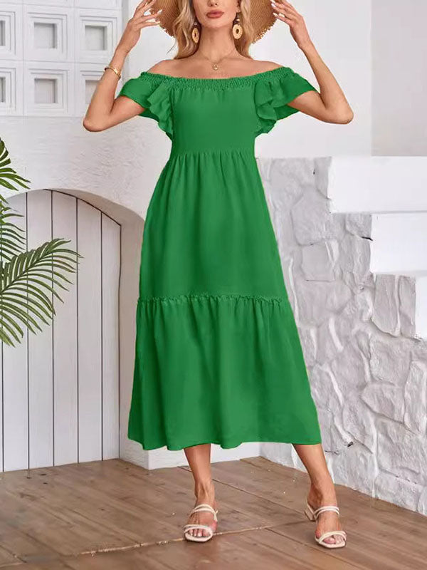 A-line Loose Elasticity Pleated Ruffled Color Split-joint Off-the-shoulder Midi Dresses