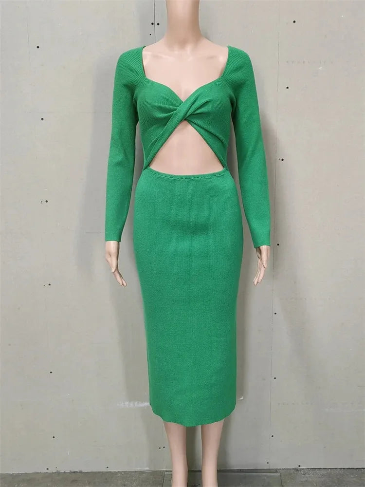 Knitwear Ribbed Hollow Out Long Dress – ’s Twist Long Sleeve Patchwork Maxi Dress