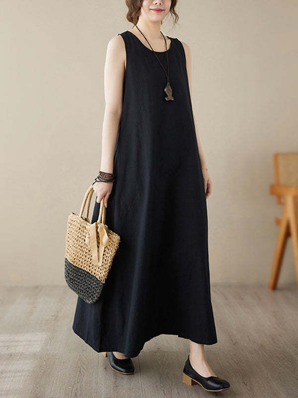 Loose Sleeveless Color Round-neck Midi Dresses