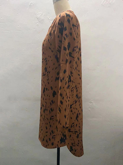 High-low Long Sleeves Leopard V-neck Mini Dresses