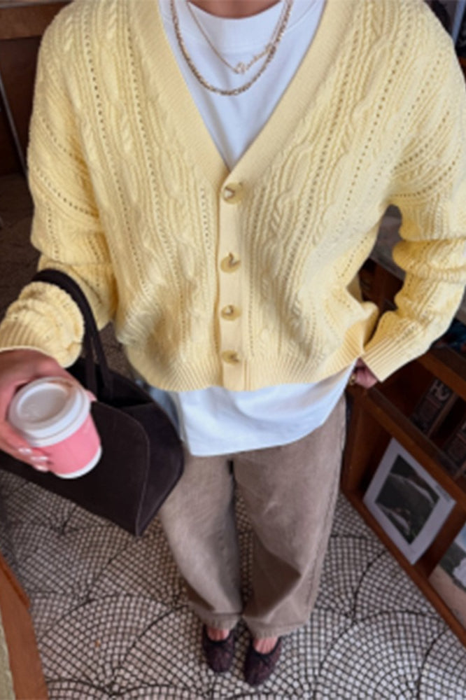 V-neck Color Single-row Button Long-sleeve Knit Cardigan