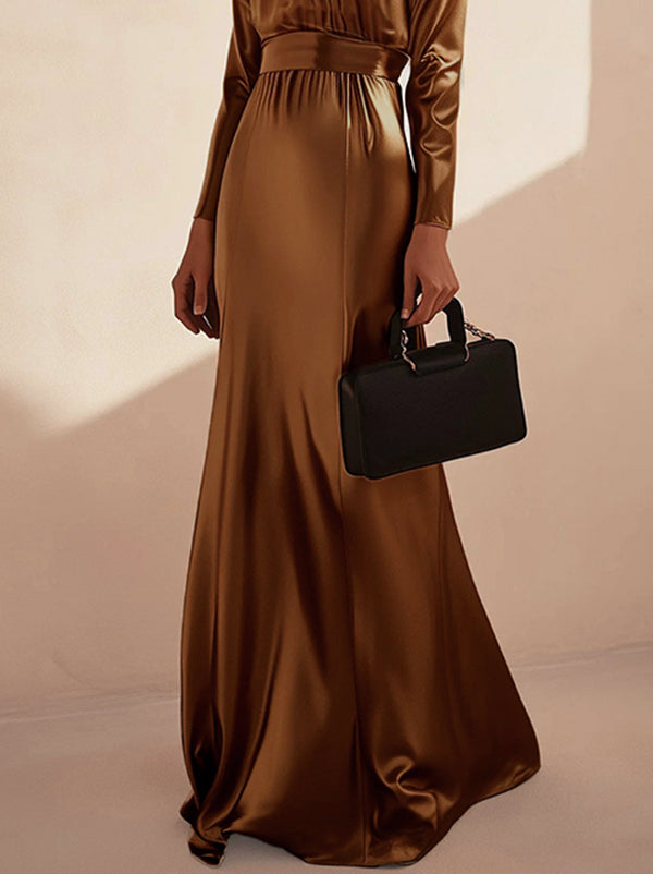 Long Sleeves Loose Pleated Shiny Color Split-joint Tied Waist High Neck Evening Dresses Maxi Dresses